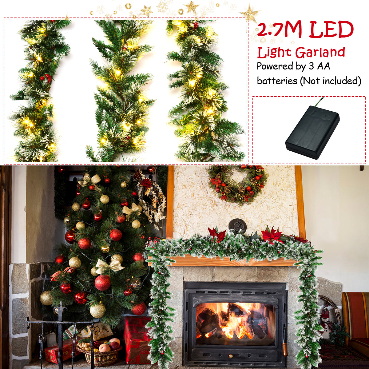 2.7M Artificial Christmas Wreath Rattan with Pine Needles and Red Berries