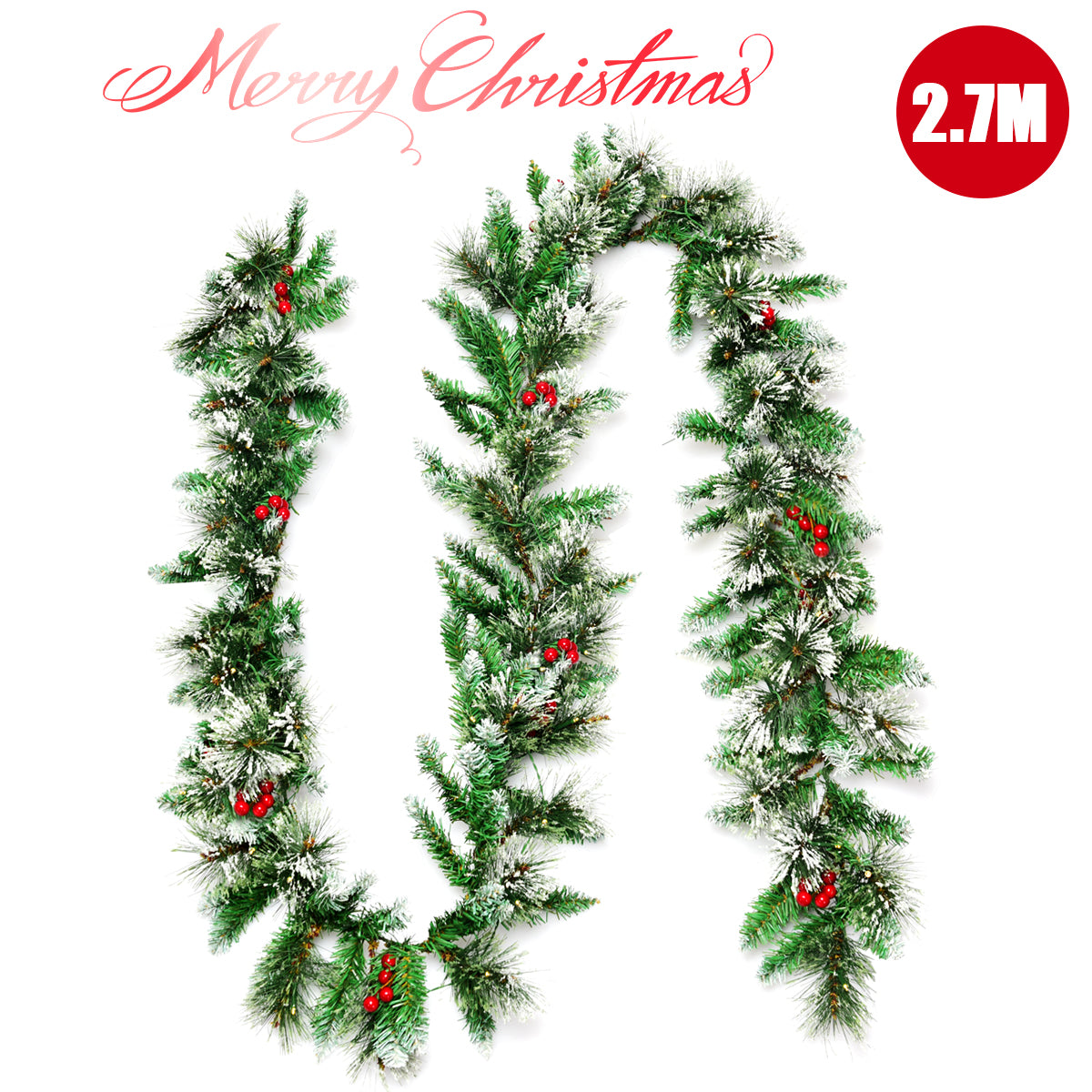 2.7M Artificial Christmas Wreath Rattan with Pine Needles and Red Berries