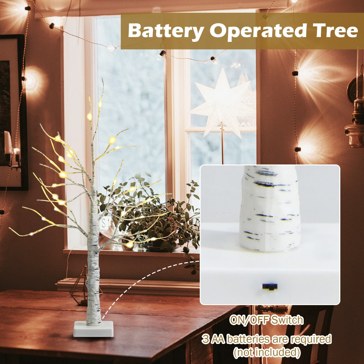 Lighted Tabletop Artificial Twig Birch Tree with 24 Warm White LED Lights for Christmas