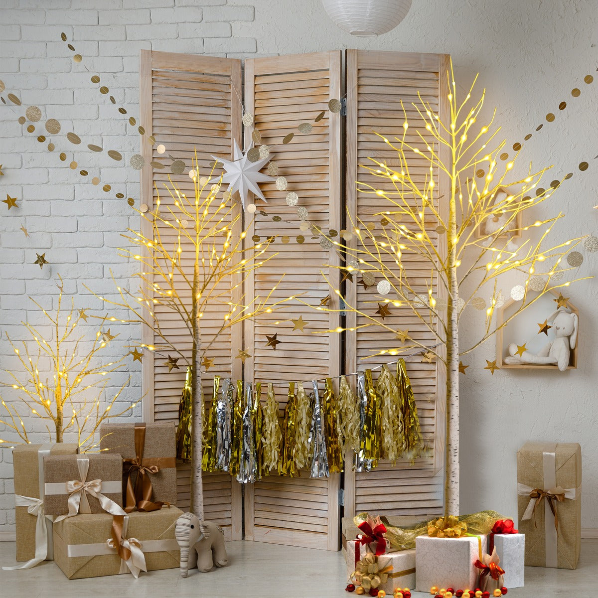 1.5/1.8 M Artificial Twig Birch Tree with 72/96 Warm White LED Lights for Christmas