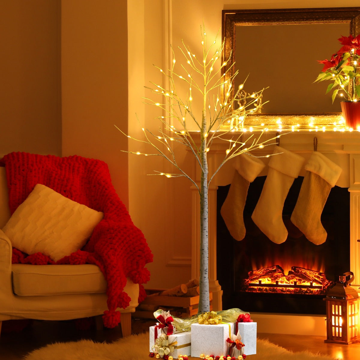 1.5/1.8 M Artificial Twig Birch Tree with 72/96 Warm White LED Lights for Christmas