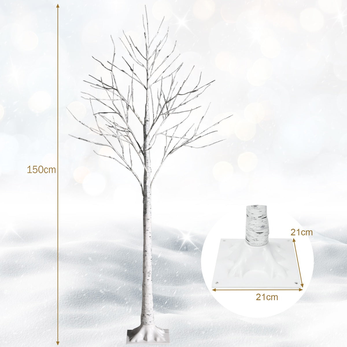 1.5/1.8 M Artificial Twig Birch Tree with 72/96 Warm White LED Lights for Christmas