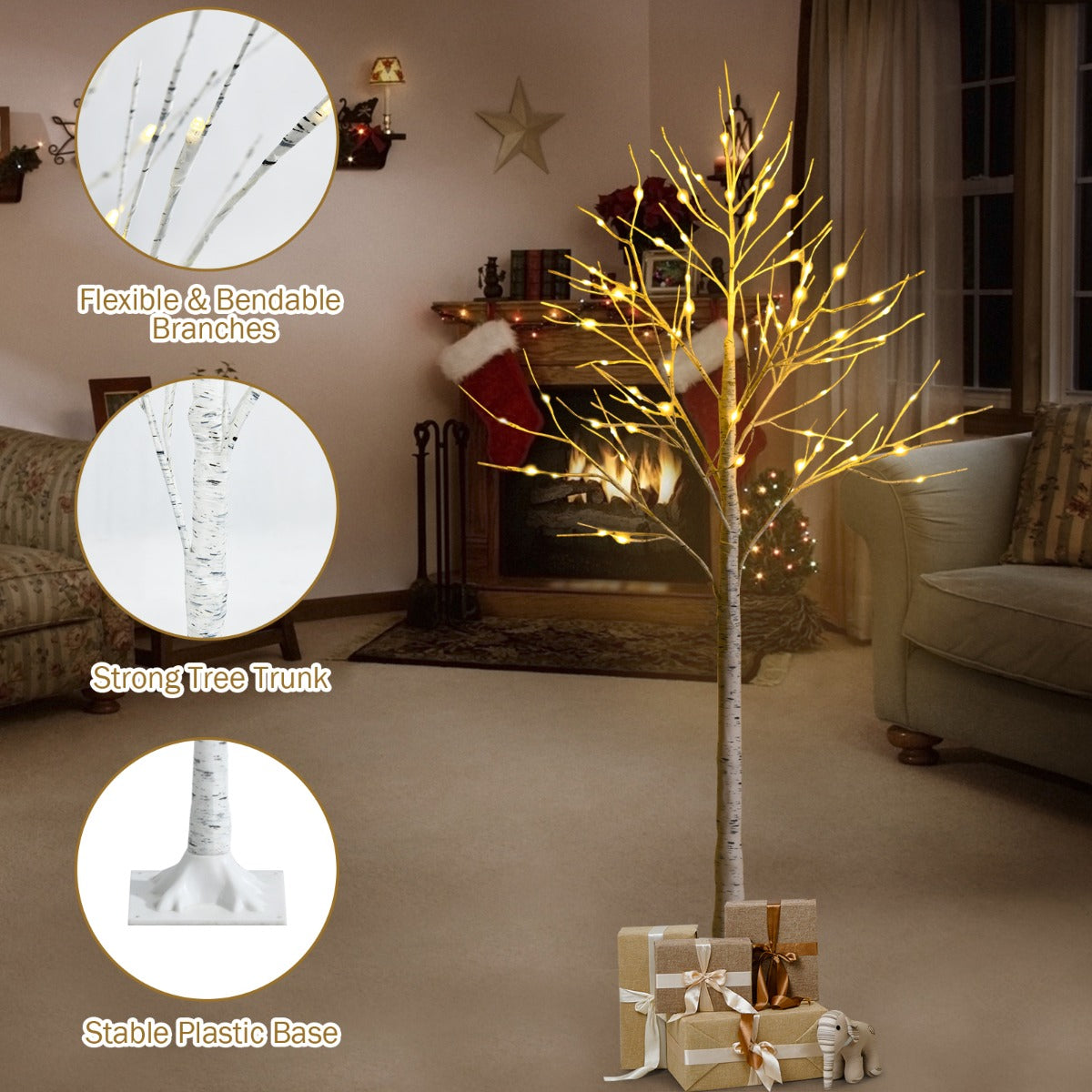 1.5/1.8 M Artificial Twig Birch Tree with 72/96 Warm White LED Lights for Christmas
