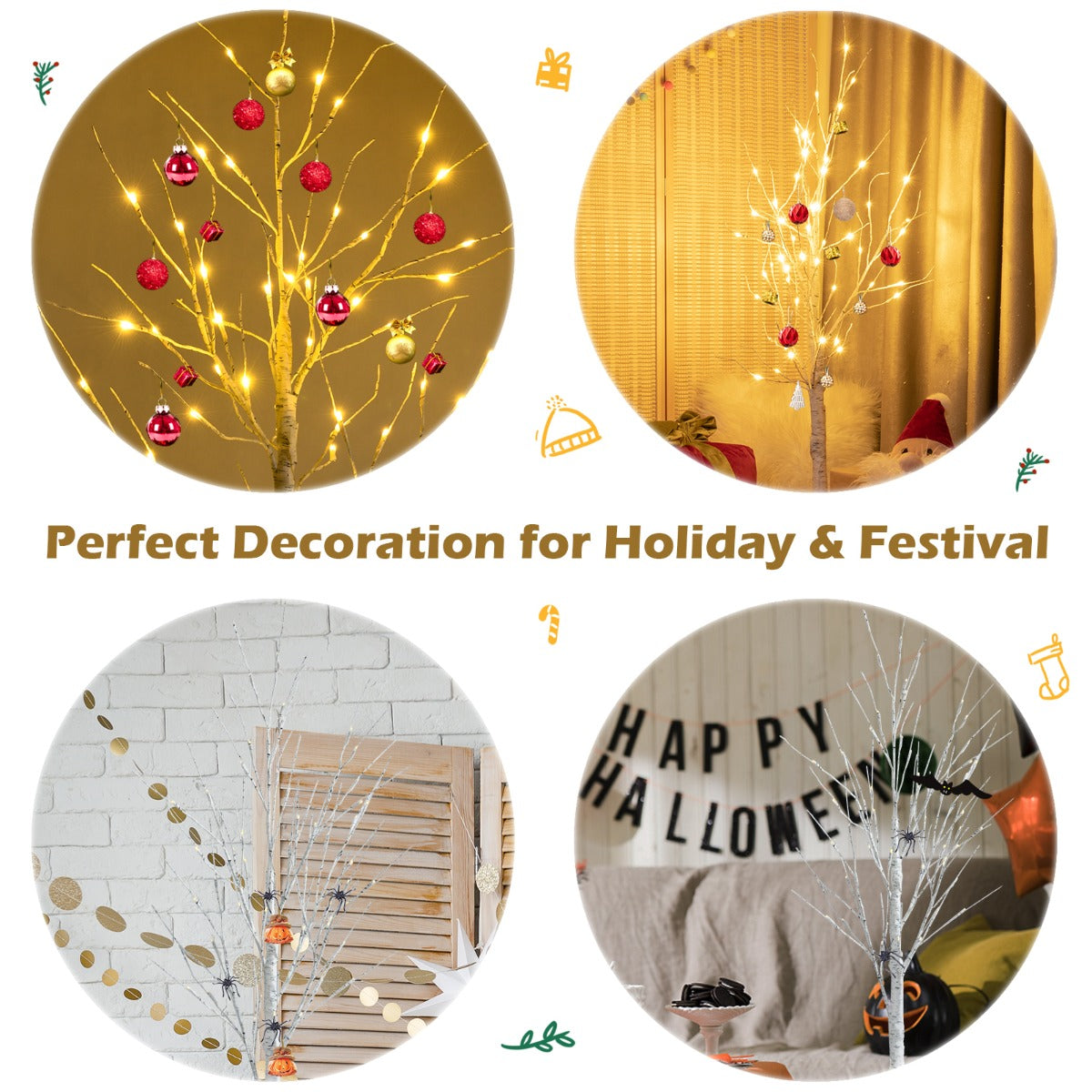 1.5/1.8 M Artificial Twig Birch Tree with 72/96 Warm White LED Lights for Christmas