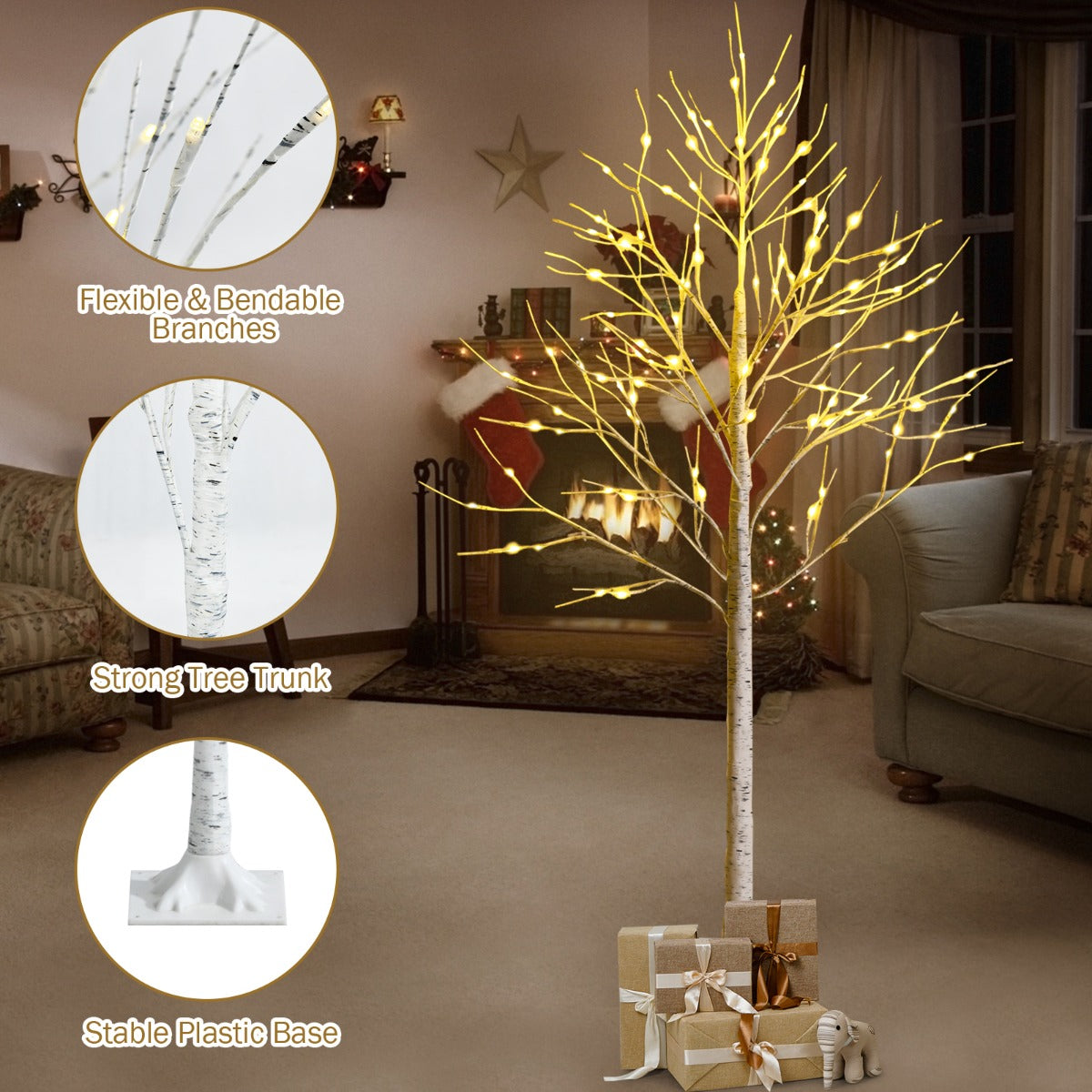 1.5/1.8 M Artificial Twig Birch Tree with 72/96 Warm White LED Lights for Christmas