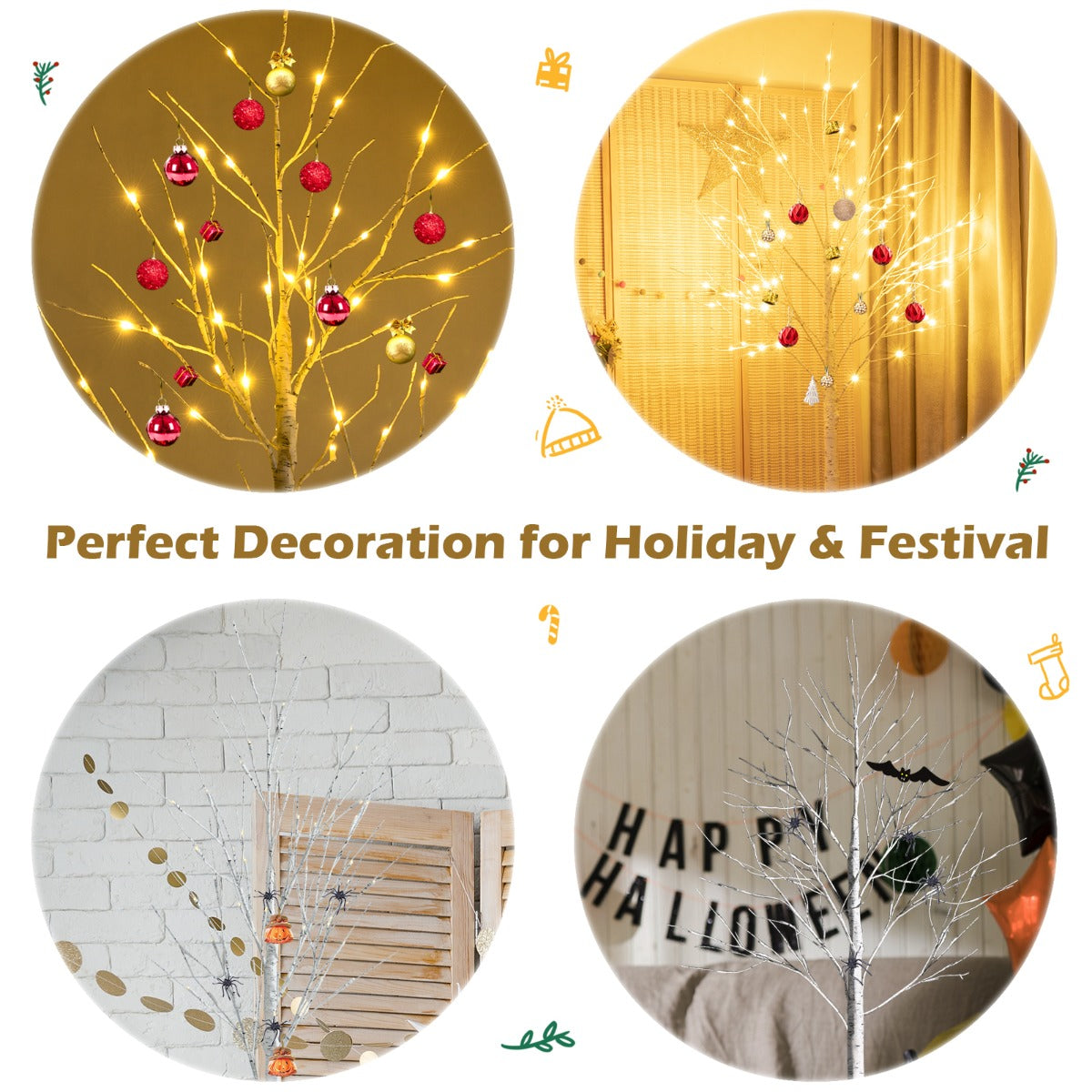 1.5/1.8 M Artificial Twig Birch Tree with 72/96 Warm White LED Lights for Christmas
