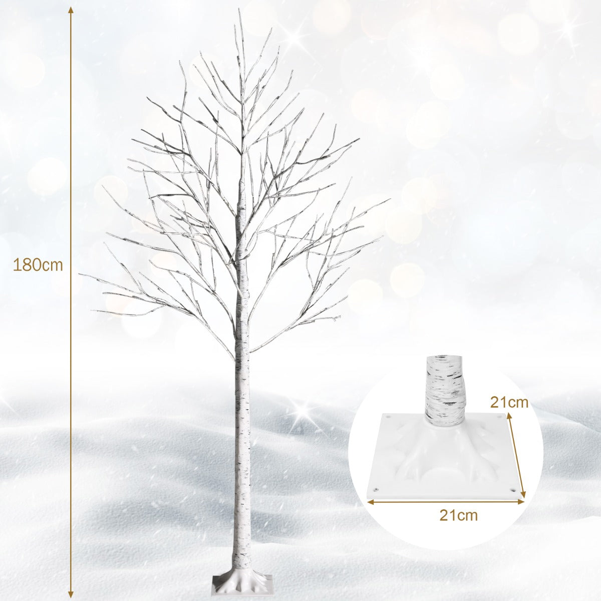 1.5/1.8 M Artificial Twig Birch Tree with 72/96 Warm White LED Lights for Christmas