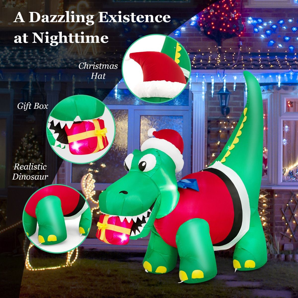 1.83M Inflatable Christmas Dinosaur with LED Lights for Yard & Party