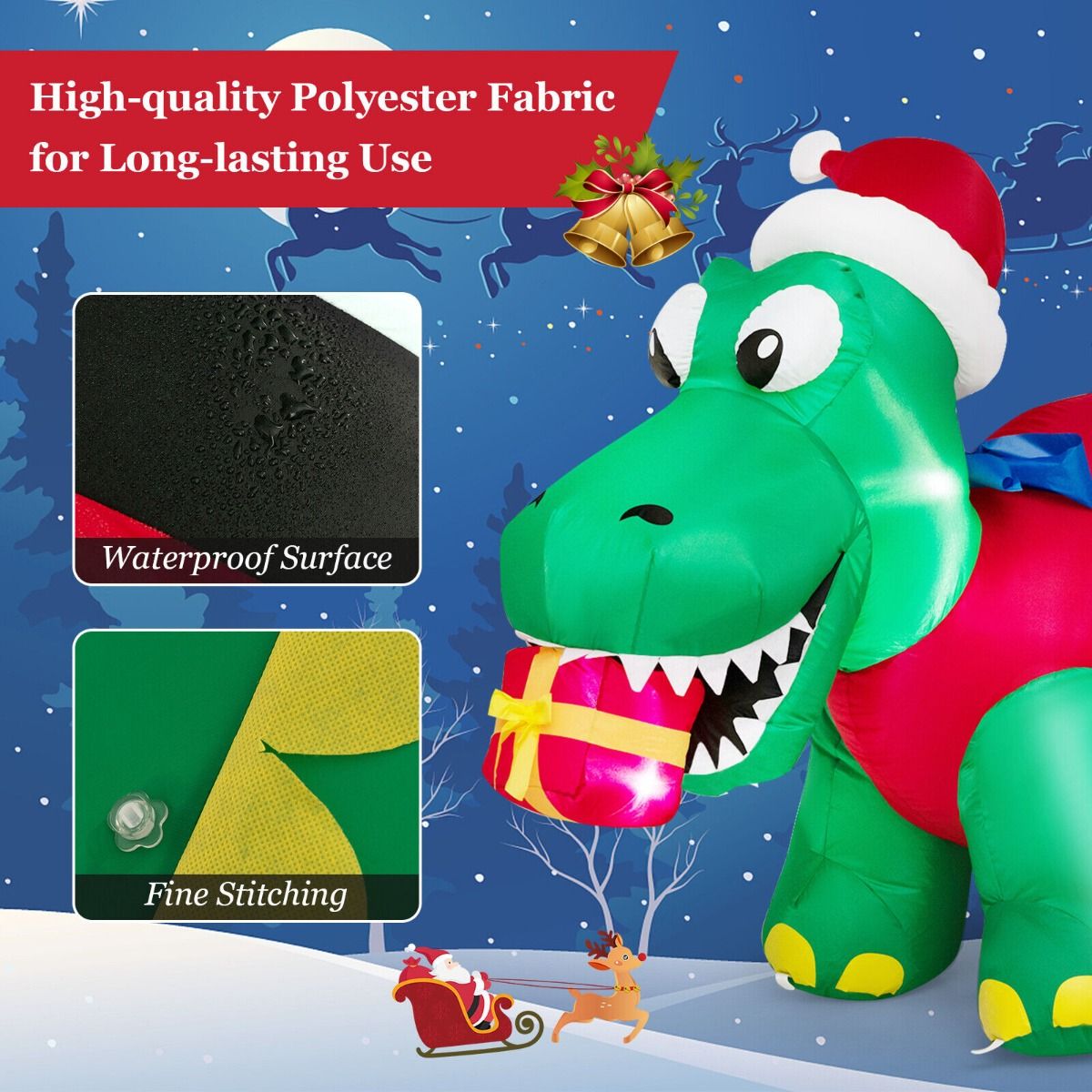 1.83M Inflatable Christmas Dinosaur with LED Lights for Yard & Party