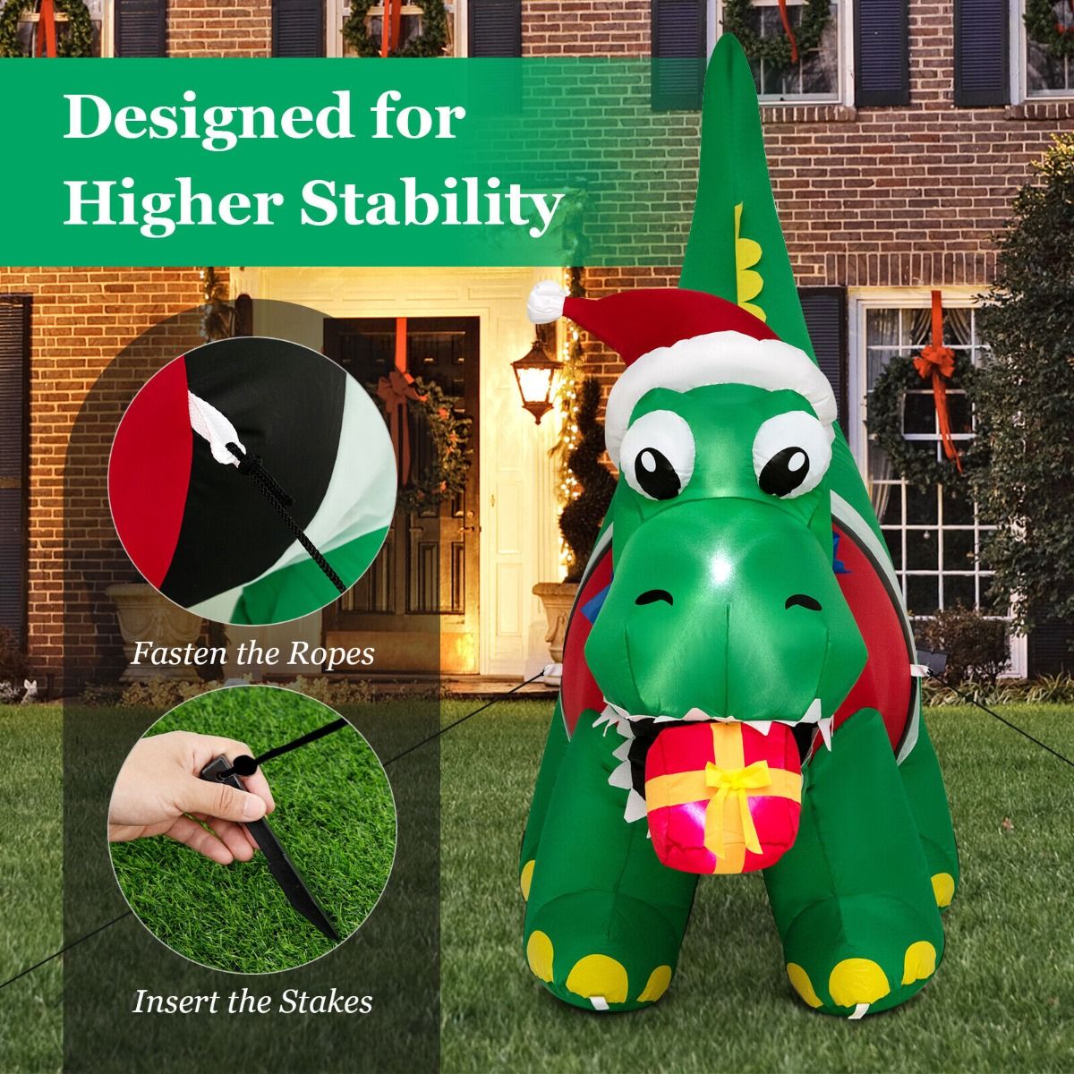 1.83M Inflatable Christmas Dinosaur with LED Lights for Yard & Party