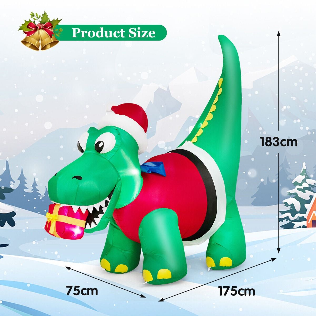 1.83M Inflatable Christmas Dinosaur with LED Lights for Yard & Party
