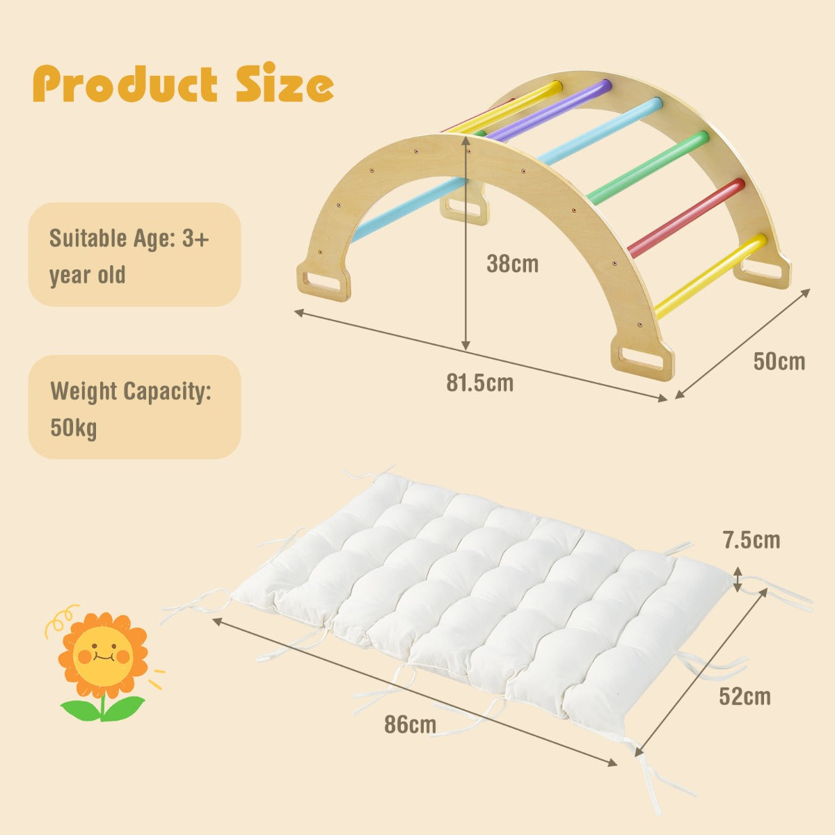 3-in-1 Double-Sided wooden Arch Rocker with Soft Cushion for Kids