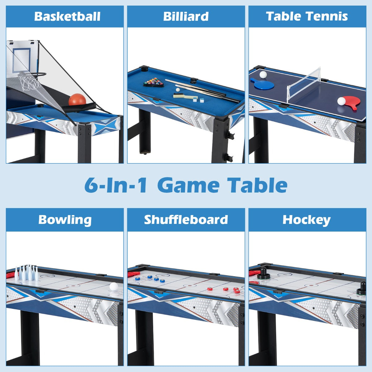 6-in-1 Combo Game Table with Basketball Billiards Ping Pong Hockey Shuffleboard Bowling
