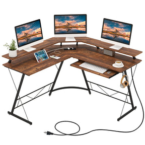 L-shaped Computer Desk with Power Outlet for Home Office