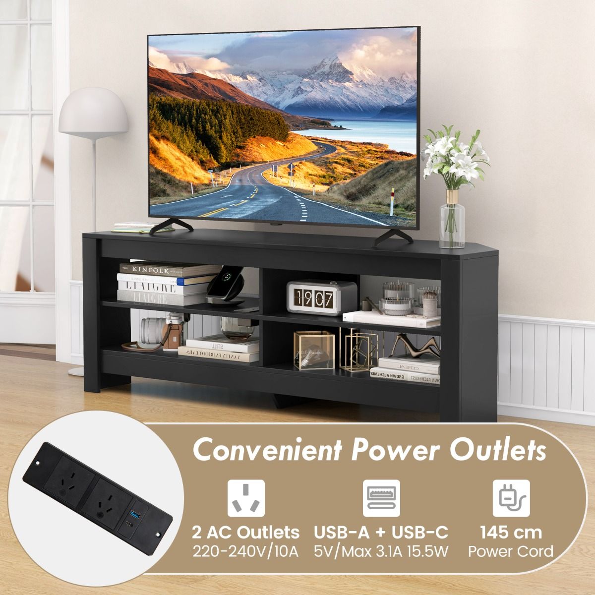 Corner TV Stand with Power Outlet for Living Room and Bedroom