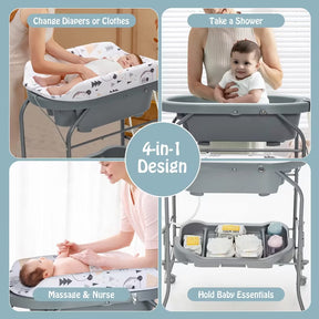 Hikidspace Baby Bathtub with Changing Table, Foldable Diaper Changing Station with Storage Tray