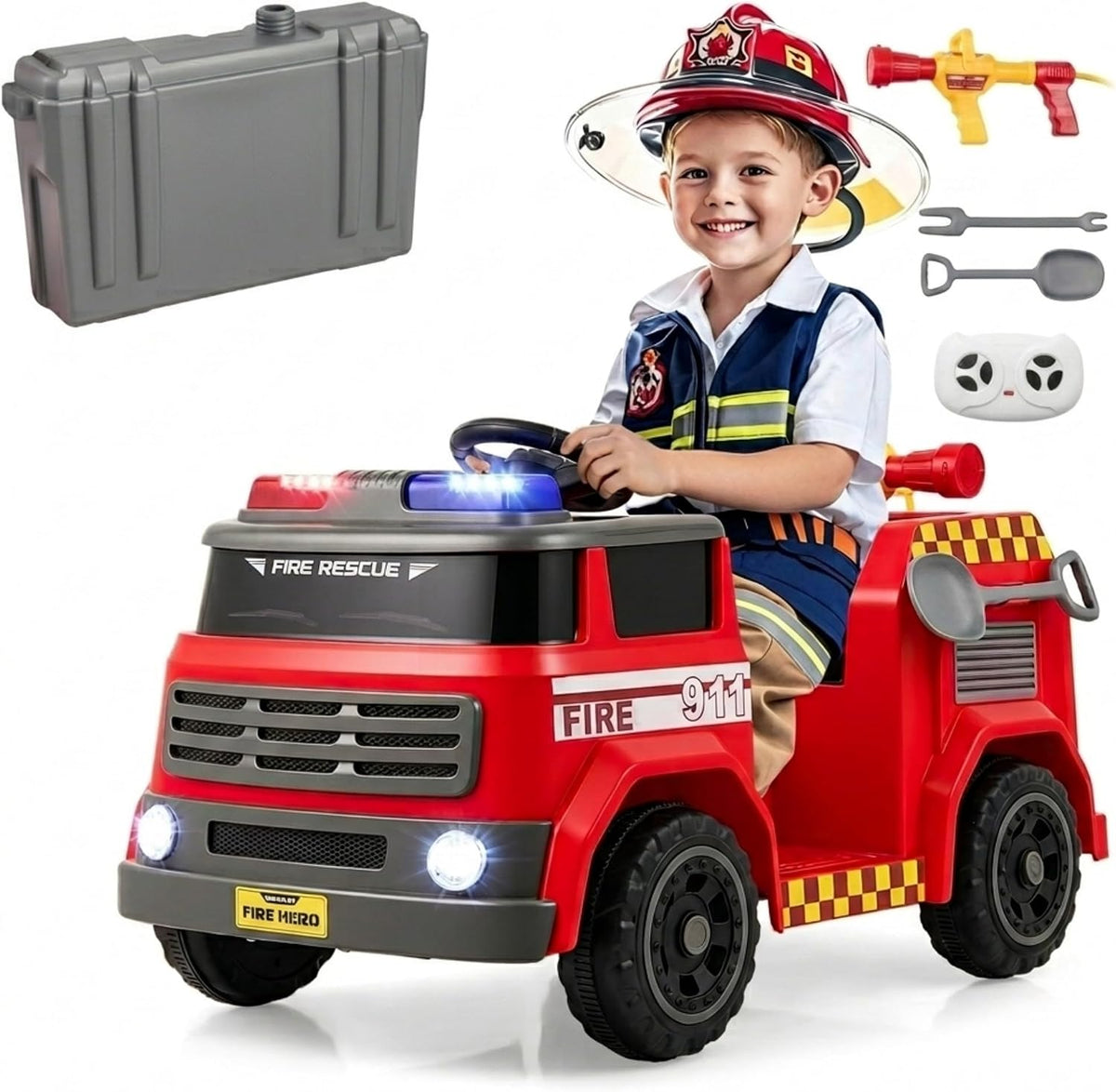12V Ride on Fire Truck, Battery Powered Car Toy w/Parent Remote Control, Toddler Electric Fire Vehicle w/Water Gun & Tank, Interphone, Shovel, Wrench, Music, Alarm Lamp & Siren-Call for Boys & Girls