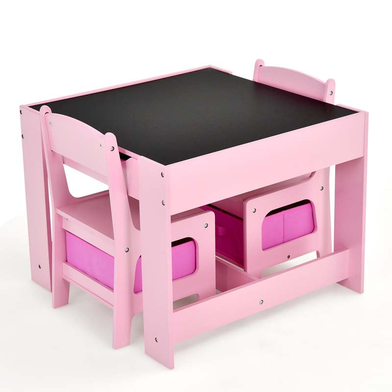 Kids Table & Chairs Set, 3-in-1 Wooden Toddler Activity Table with Storage, Reversible Tabletop & Blackboard for Art Craft, Drawing, Playroom