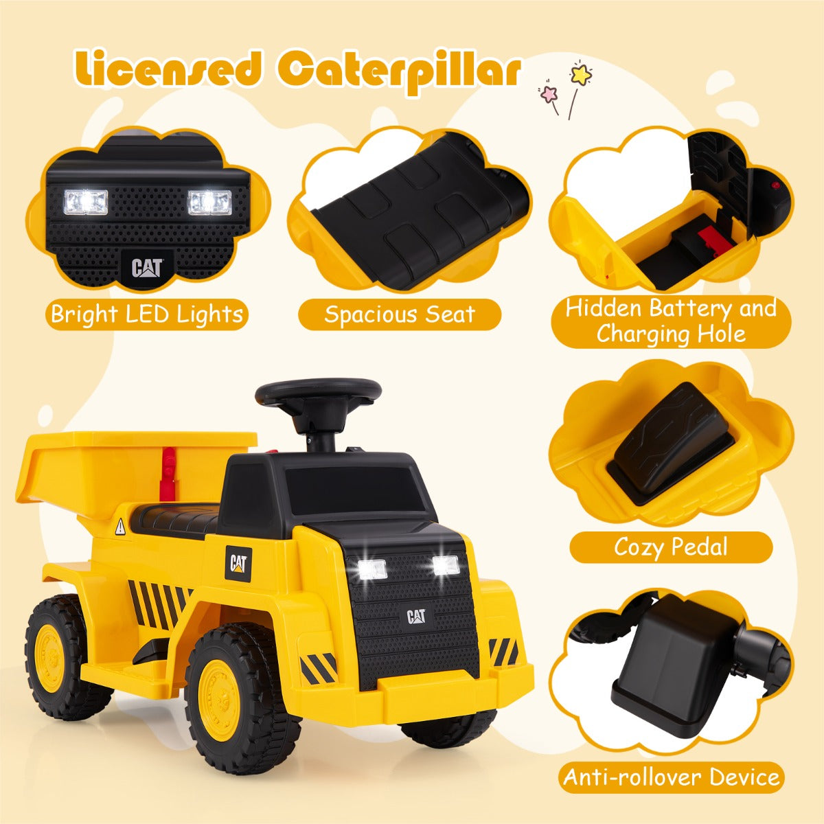 Licensed Caterpillar Kids Ride on Dump Truck with Horn and LED Lights