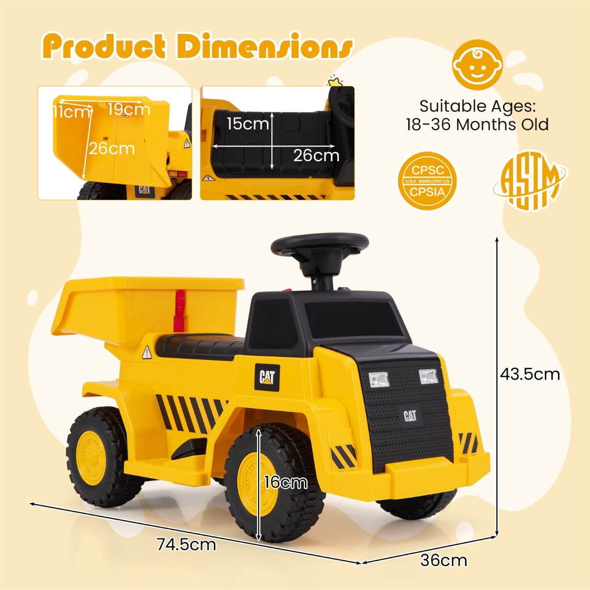 Licensed Caterpillar Kids Ride on Dump Truck with Horn and LED Lights