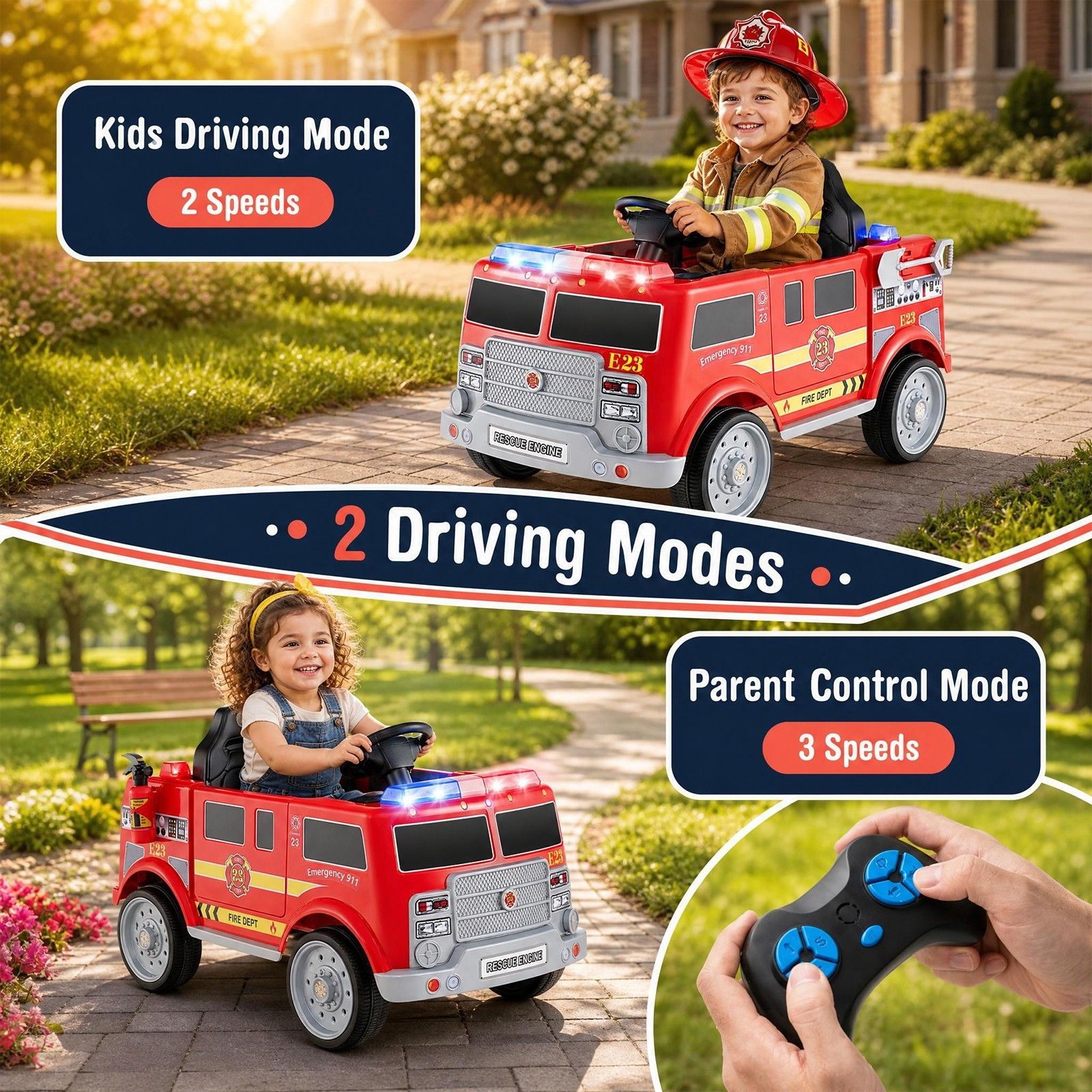 Kids Ride on Fire Truck, 12V Battery Powered Fire Car with Remote Control, Extinguisher, Shovel, Loudspeaker, Music, Sirens, Lights & Wireless Connection, Electric Vehicle for Children 3-8 Years Old