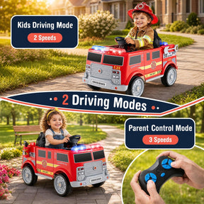 Kids Ride on Fire Truck, 12V Battery Powered Fire Car with Remote Control, Extinguisher, Shovel, Loudspeaker, Music, Sirens, Lights & Wireless Connection, Electric Vehicle for Children 3-8 Years Old