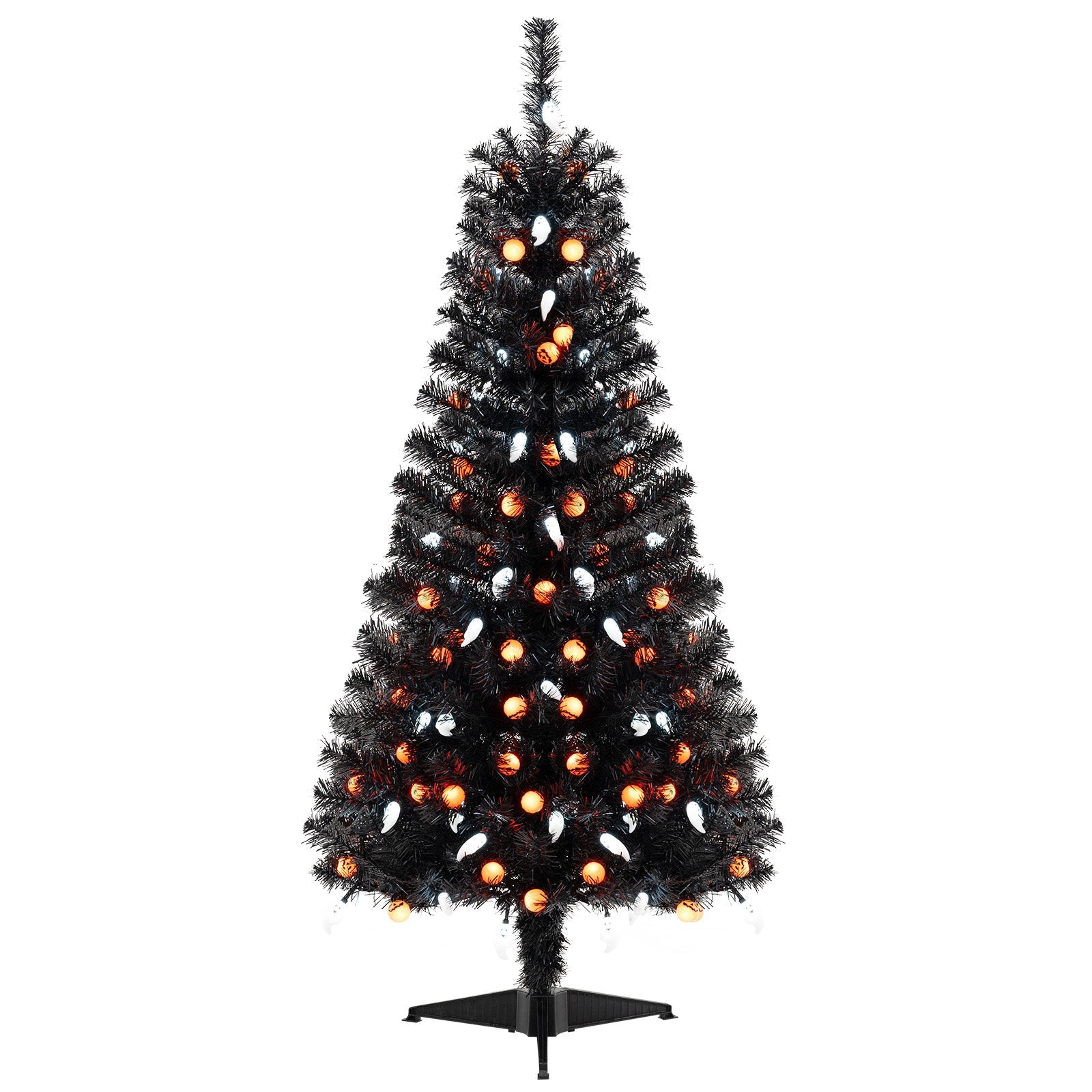 135CM Artificial Halloween Tree, Black Christmas Tree w/ 281 Branch Tips, 65 Orange Pumpkin Lights & 65 Cold White Ghost Lights