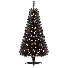 135CM Artificial Halloween Tree, Black Christmas Tree w/ 281 Branch Tips, 65 Orange Pumpkin Lights & 65 Cold White Ghost Lights
