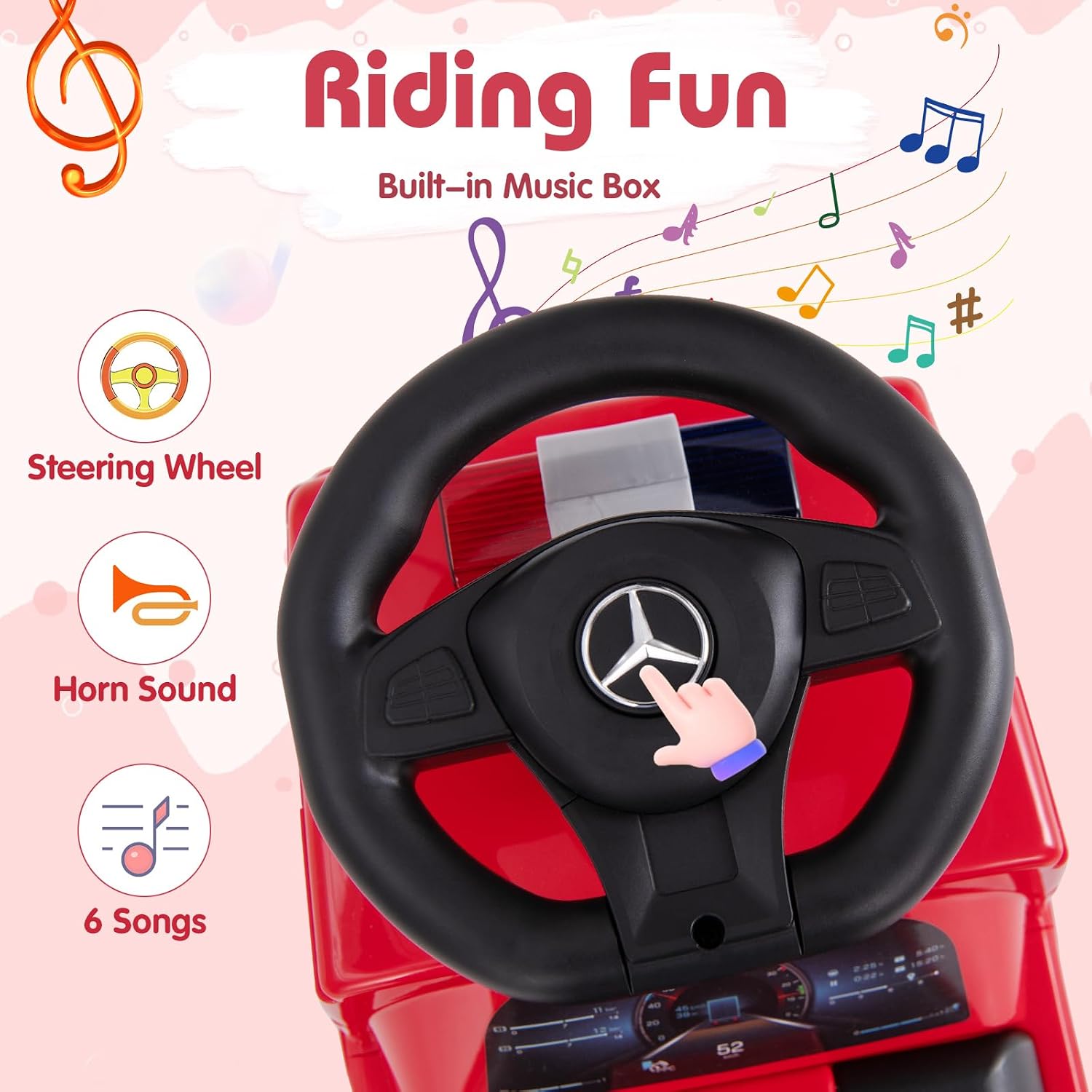 Mercedes-Benz Licensed Kids' Ride On Truck, Foot-to-Floor Push Fire Engine w/ Music & Horn, Sit & Scoot Toy w/ Steering Wheel & Hidden Storage Space, Perfect Gift for 2+ Boys & Girls, Red