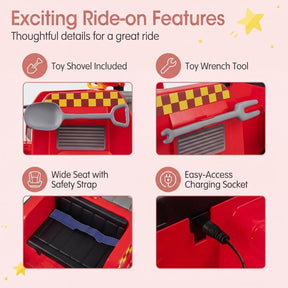 12V Ride on Fire Truck, Battery Powered Car Toy w/Parent Remote Control, Toddler Electric Fire Vehicle w/Water Gun & Tank, Interphone, Shovel, Wrench, Music, Alarm Lamp & Siren-Call for Boys & Girls
