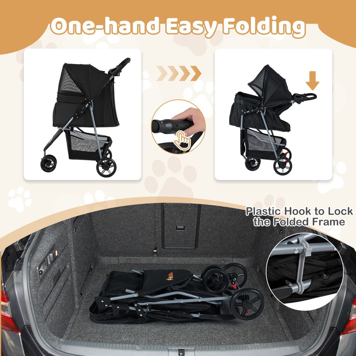 One-click Folding Pet Stroller with Adjustable Canopy and Removable Washable Pad