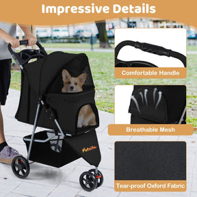 One-click Folding Pet Stroller with Adjustable Canopy and Removable Washable Pad