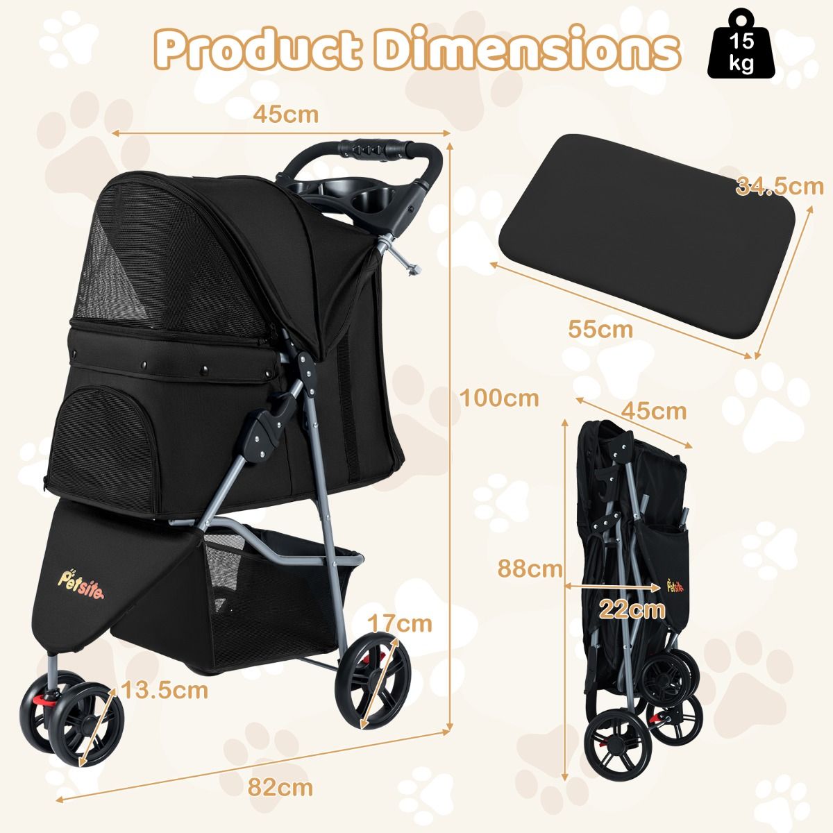 One-click Folding Pet Stroller with Adjustable Canopy and Removable Washable Pad