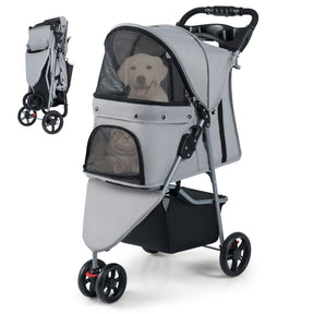 One-click Folding Pet Stroller with Adjustable Canopy and Removable Washable Pad
