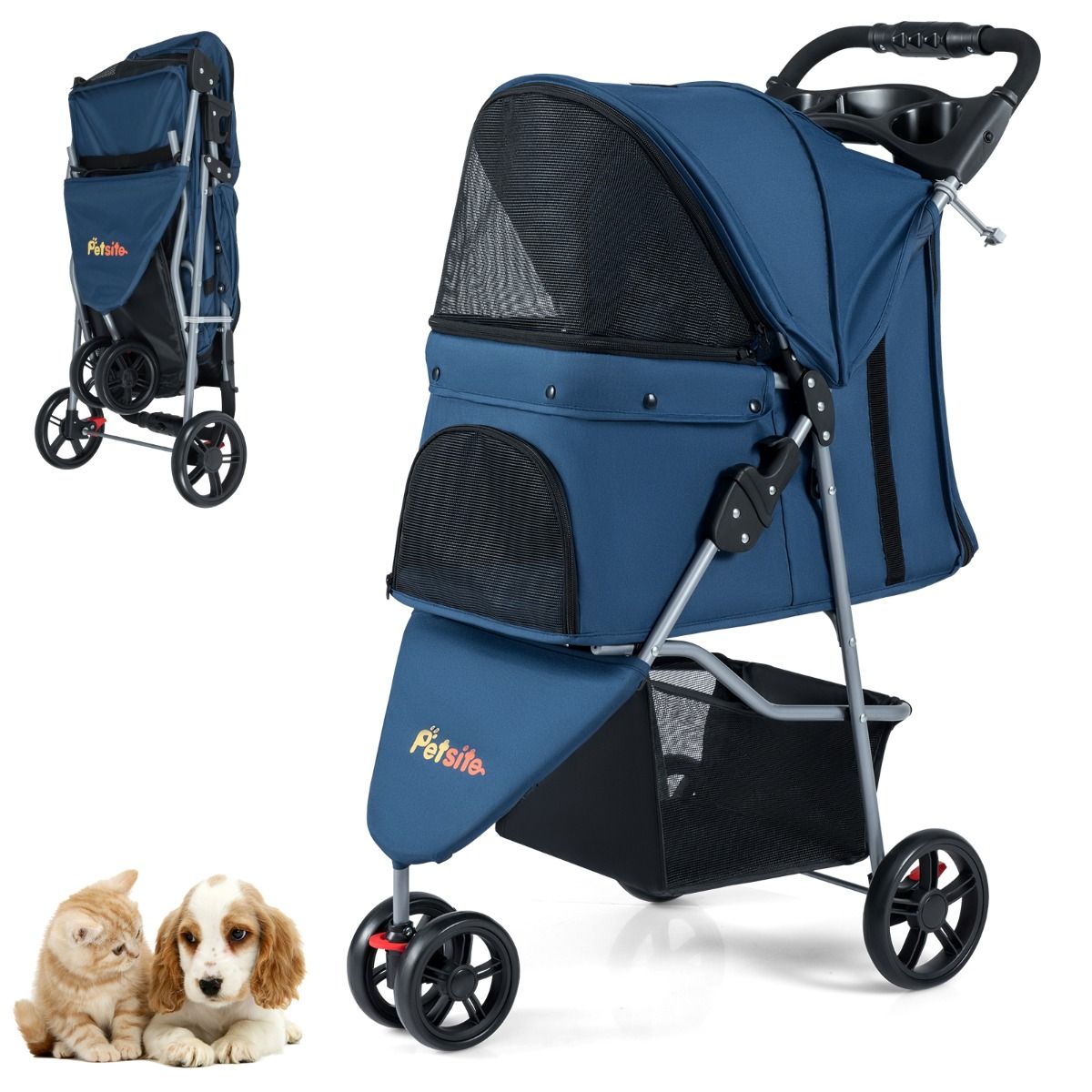 One-click Folding Pet Stroller with Adjustable Canopy and Removable Washable Pad