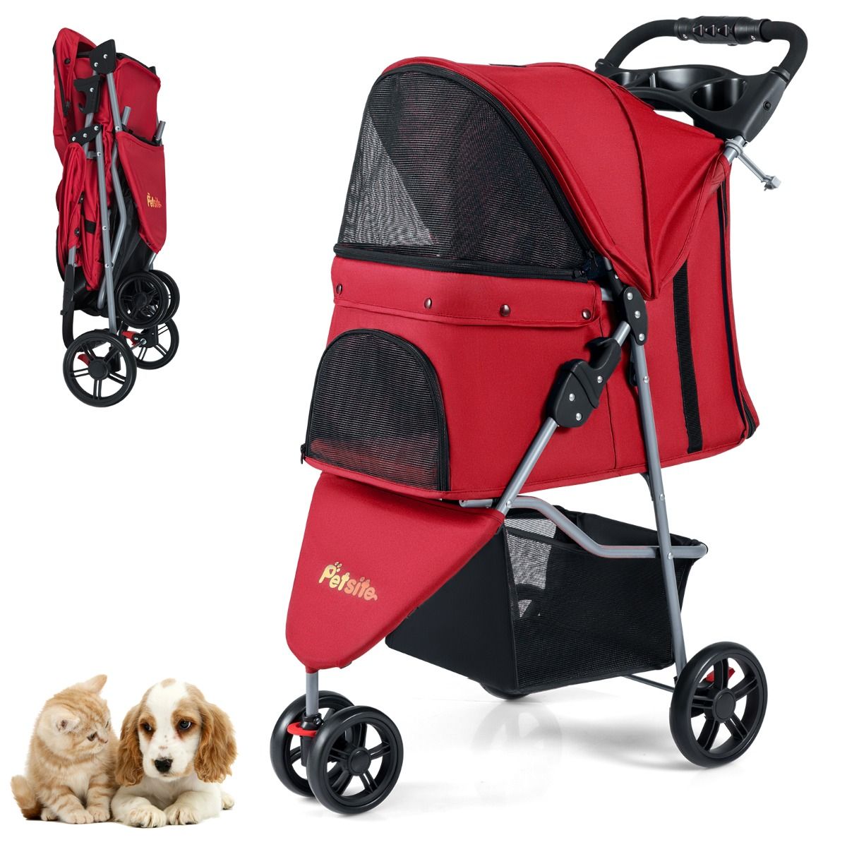 One-click Folding Pet Stroller with Adjustable Canopy and Removable Washable Pad