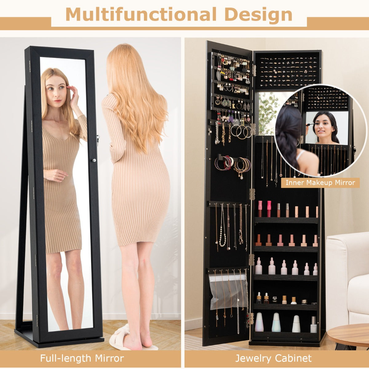 Free Standing Jewelry Armoire with Full Length Mirror for Bedroom