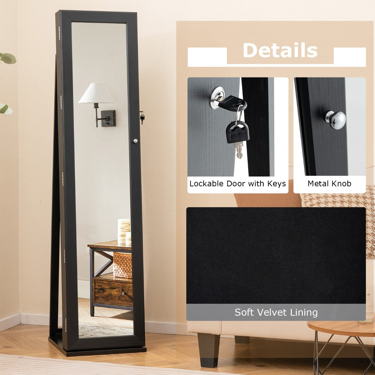 Free Standing Jewelry Armoire with Full Length Mirror for Bedroom