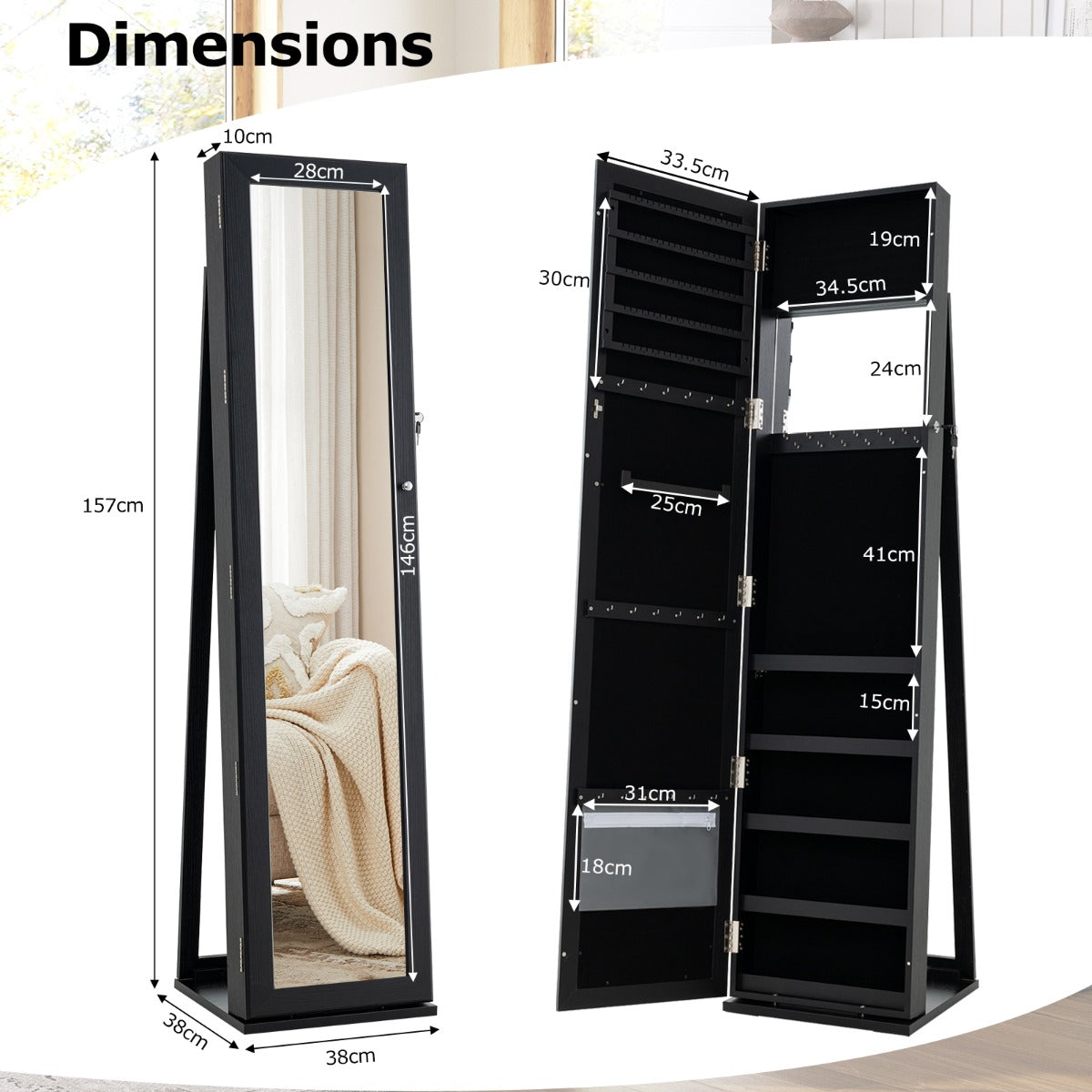 Free Standing Jewelry Armoire with Full Length Mirror for Bedroom