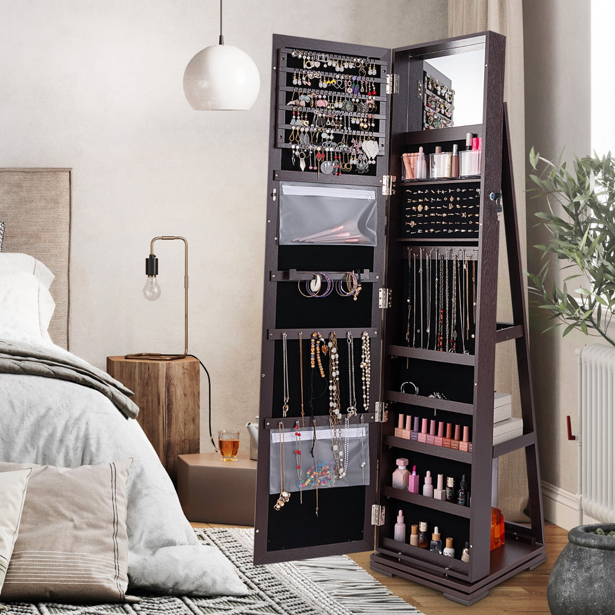 Full Length Mirrored Jewellery Cabinet Rotates 360° with Open Display Shelves