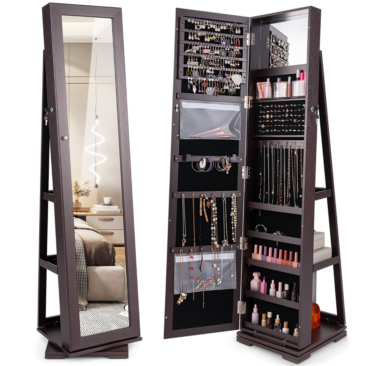Full Length Mirrored Jewellery Cabinet Rotates 360° with Open Display Shelves