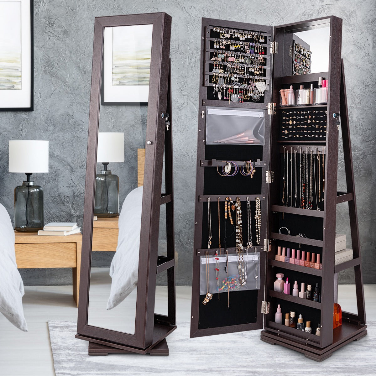 Full Length Mirrored Jewellery Cabinet Rotates 360° with Open Display Shelves