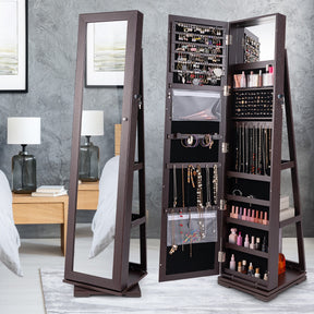 Full Length Mirrored Jewellery Cabinet Rotates 360° with Open Display Shelves