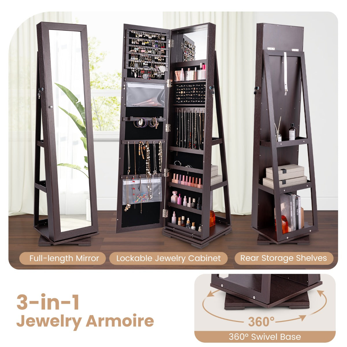 Full Length Mirrored Jewellery Cabinet Rotates 360° with Open Display Shelves