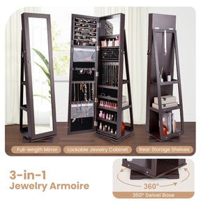 Full Length Mirrored Jewellery Cabinet Rotates 360° with Open Display Shelves