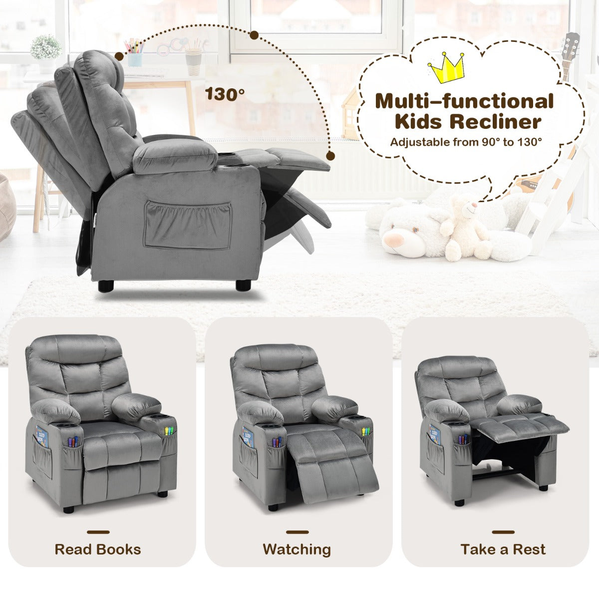 Kids Youth Recliner Chair with Cup Holders and Side Pockets for Boys Girls 3+ Age Group