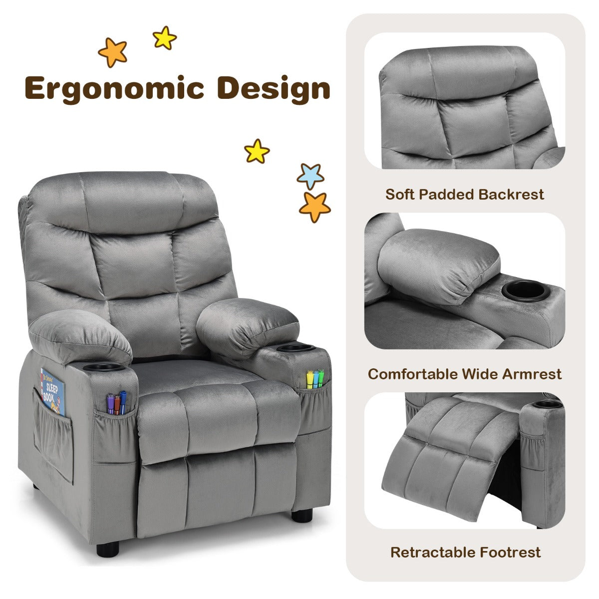 Kids Youth Recliner Chair with Cup Holders and Side Pockets for Boys Girls 3+ Age Group