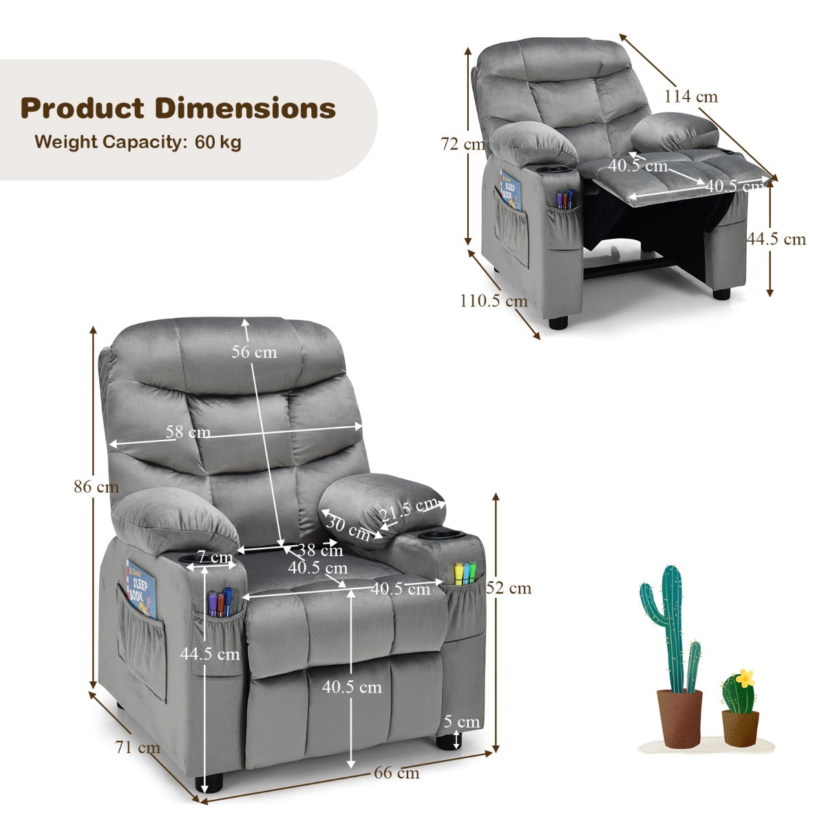 Kids Youth Recliner Chair with Cup Holders and Side Pockets for Boys Girls 3+ Age Group