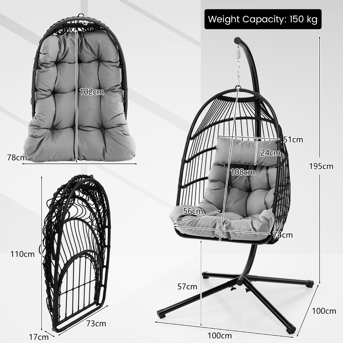 Hanging Swing Egg Chair with Stand and Cozy Head Pillow