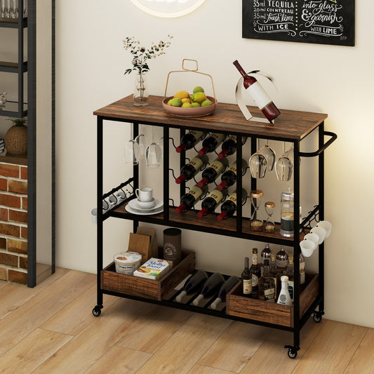Home Serving Cart on Wheels with Glass Racks for Kitchen Dining Room and Living Room-Rustic Brown